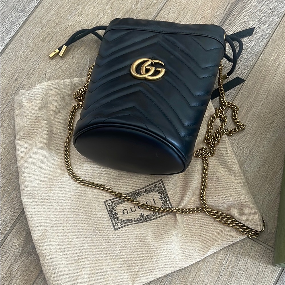 Gucci Black and Gold Crossbody Bag with Chevron Quilting